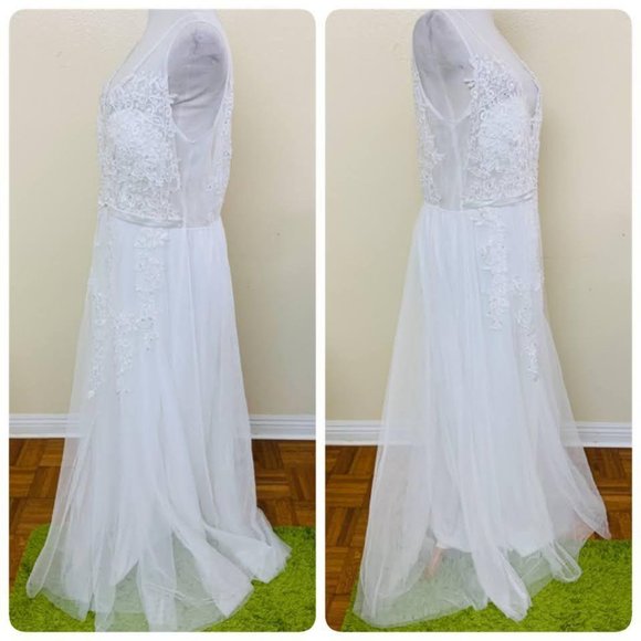 Ever Pretty V-Neck Lace Appliques Tulle Wedding Evening Gown Sz 16 White - Picture 3 of 11